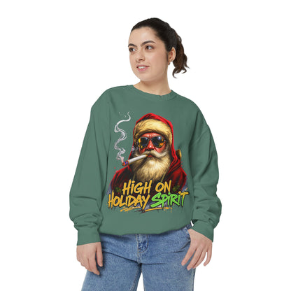 Holiday Santa Sweatshirt - High on Holiday Spirit - Graphic Christmas Crewneck