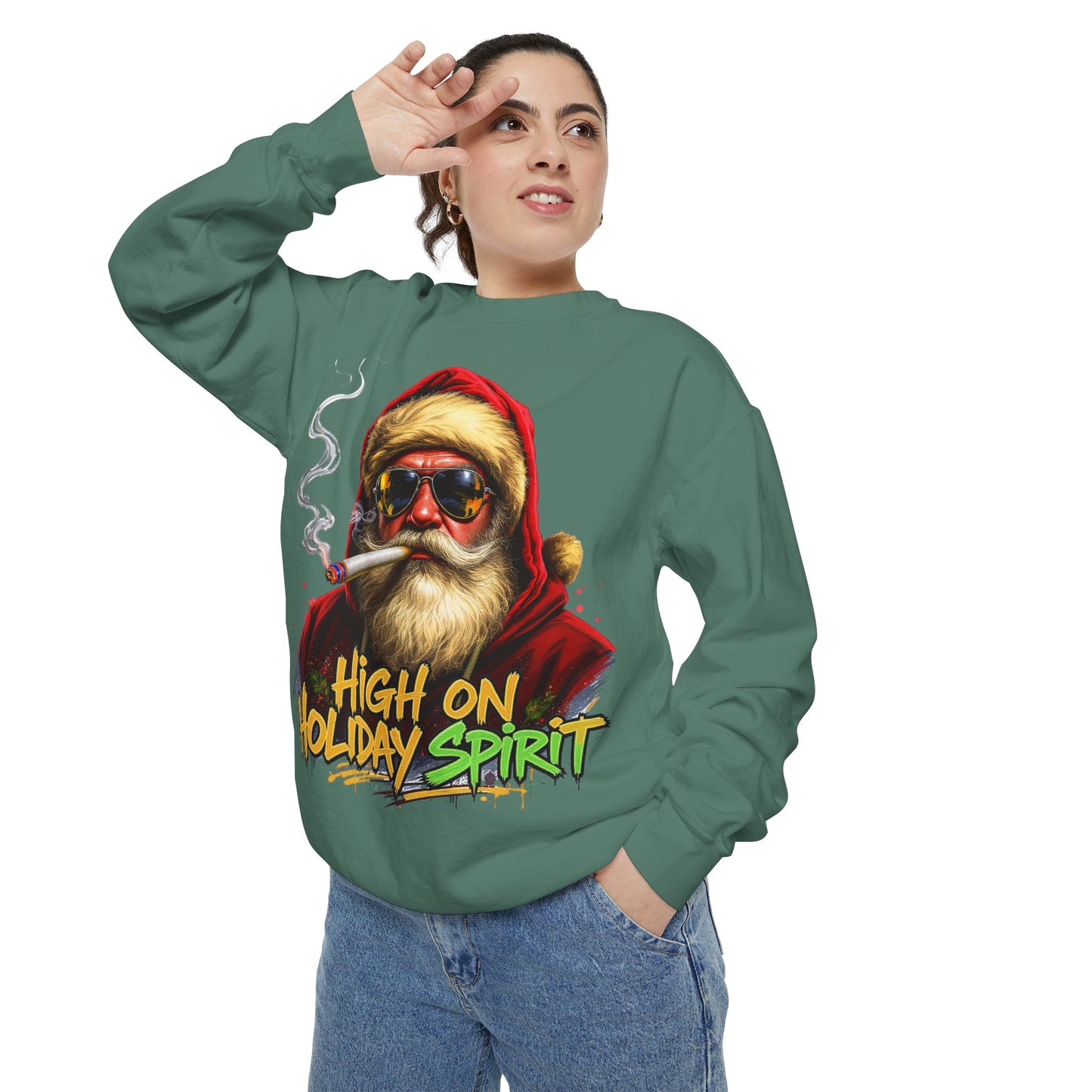 Holiday Santa Sweatshirt - High on Holiday Spirit - Graphic Christmas Crewneck