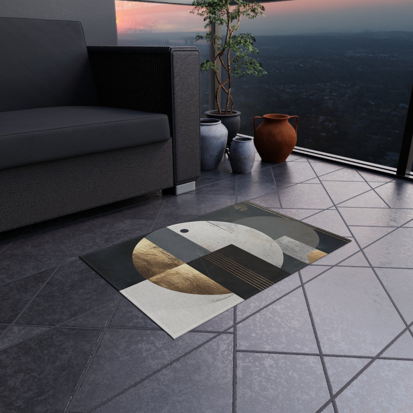 Geometric Circles Outdoor Rug — Modern Abstract Patio Mat with Gold Accents | Loom Noir