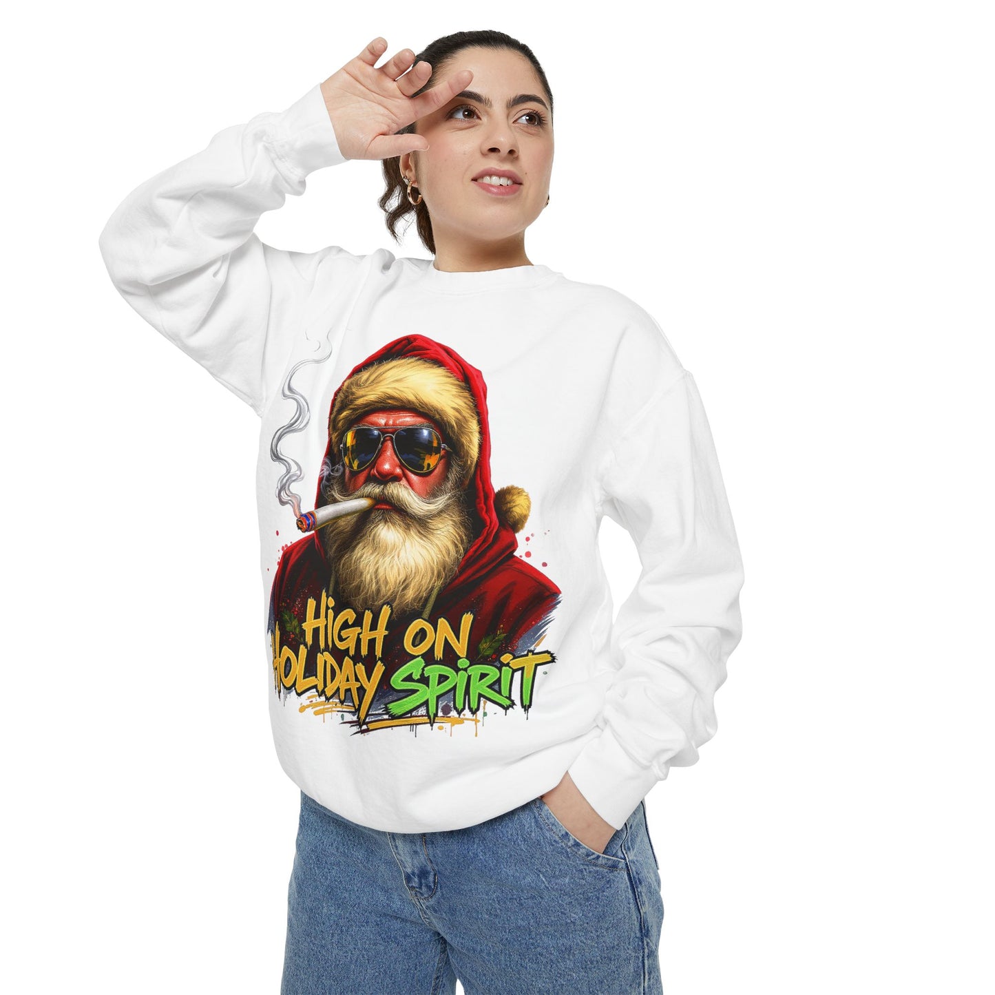 Holiday Santa Sweatshirt - High on Holiday Spirit - Graphic Christmas Crewneck