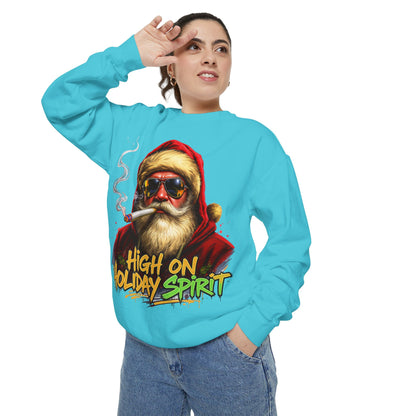 Holiday Santa Sweatshirt - High on Holiday Spirit - Graphic Christmas Crewneck