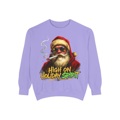 Holiday Santa Sweatshirt - High on Holiday Spirit - Graphic Christmas Crewneck