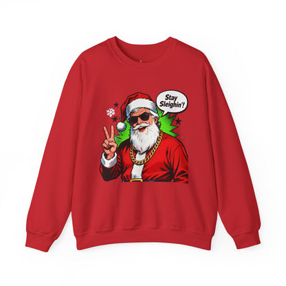 Stay Sleighin' Sweatshirt - Santa Peace Sign Christmas Crewneck | Loom Noir