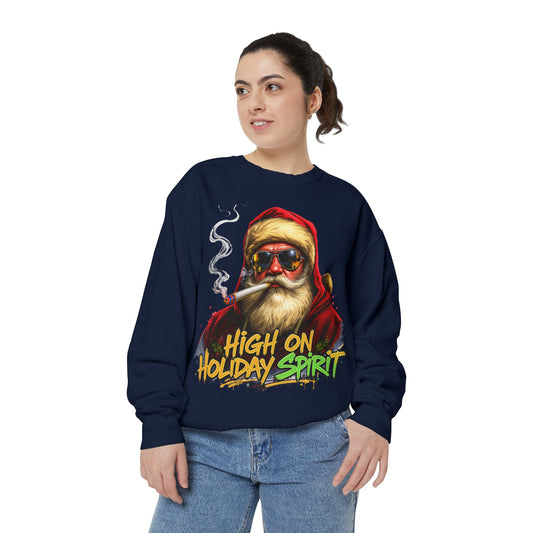Holiday Santa Sweatshirt - High on Holiday Spirit - Graphic Christmas Crewneck