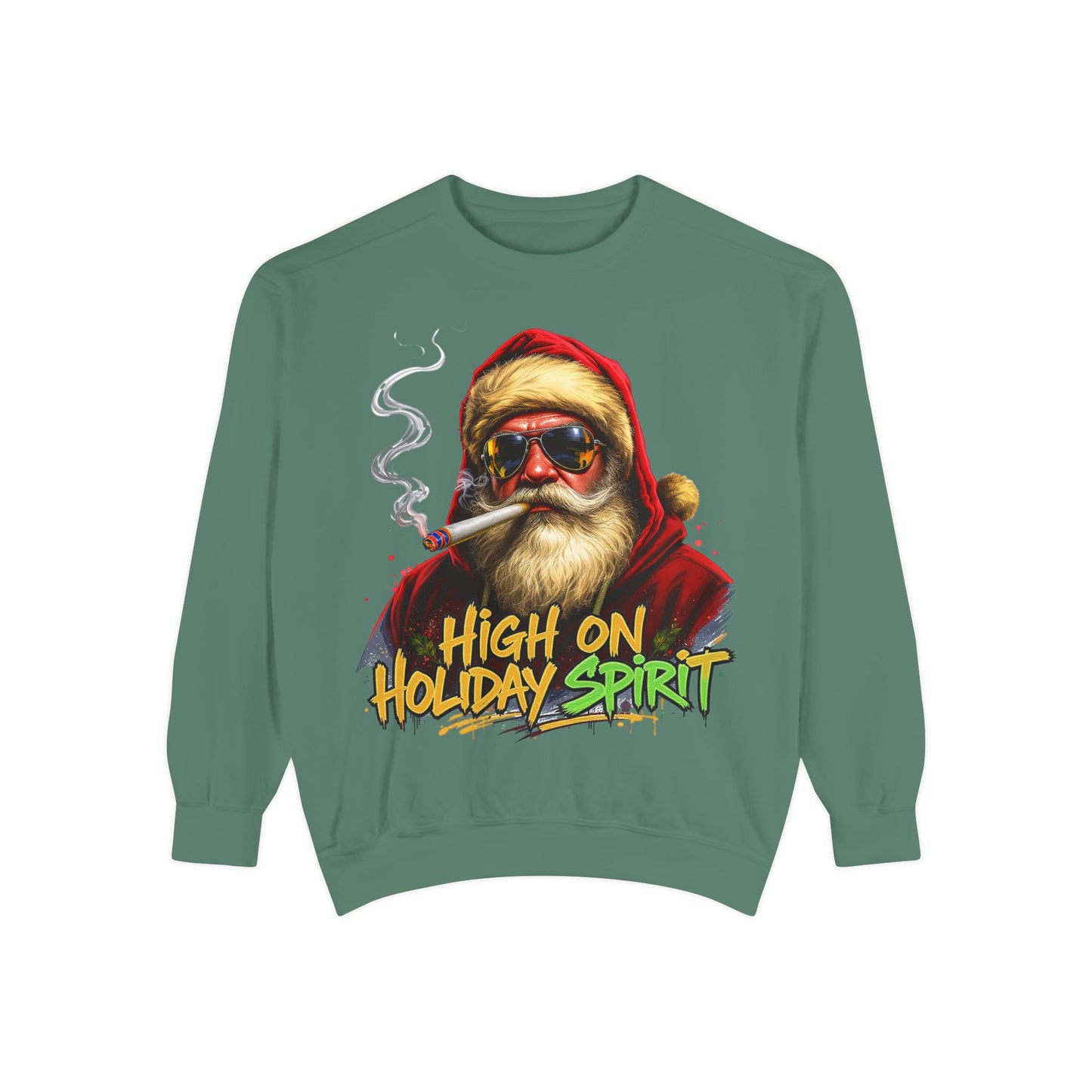 Holiday Santa Sweatshirt - High on Holiday Spirit - Graphic Christmas Crewneck