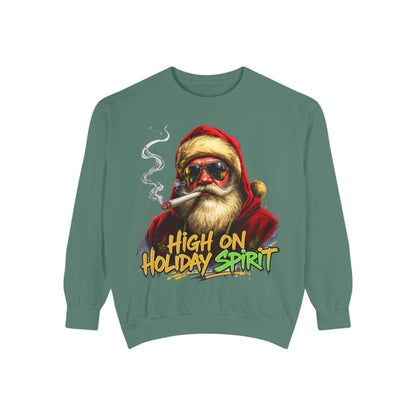 Holiday Santa Sweatshirt - High on Holiday Spirit - Graphic Christmas Crewneck