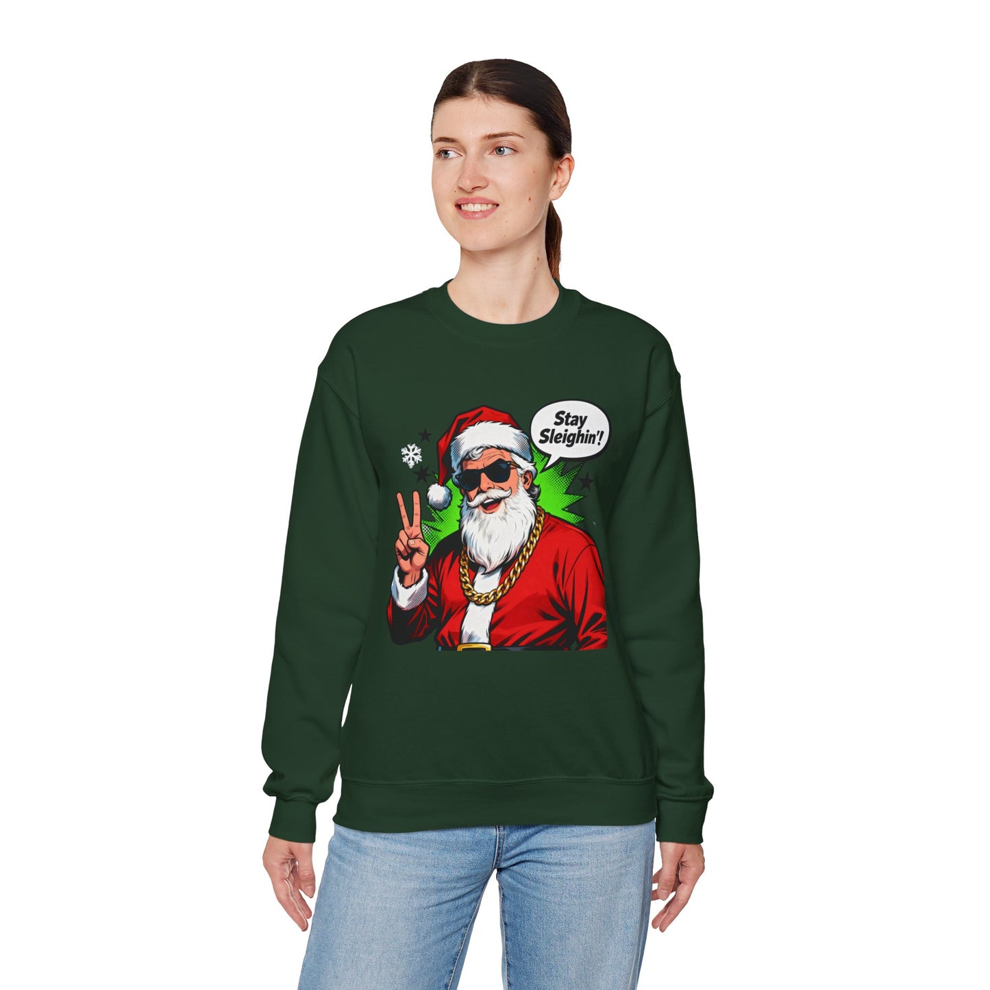 Stay Sleighin' Sweatshirt - Santa Peace Sign Christmas Crewneck | Loom Noir