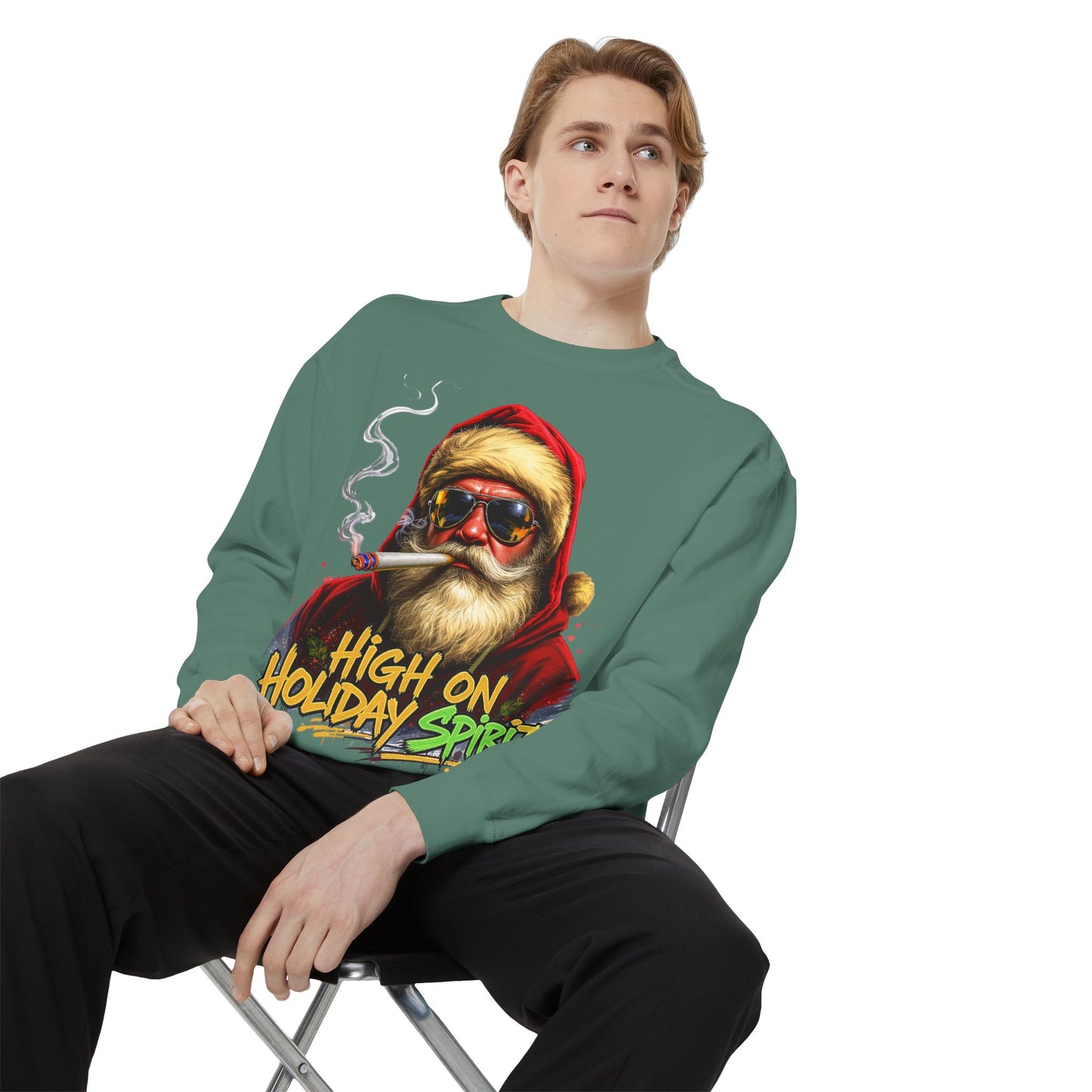 Holiday Santa Sweatshirt - High on Holiday Spirit - Graphic Christmas Crewneck