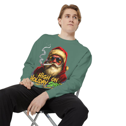 Holiday Santa Sweatshirt - High on Holiday Spirit - Graphic Christmas Crewneck