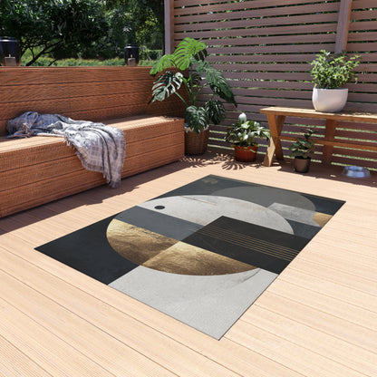 Geometric Circles Outdoor Rug — Modern Abstract Patio Mat with Gold Accents | Loom Noir