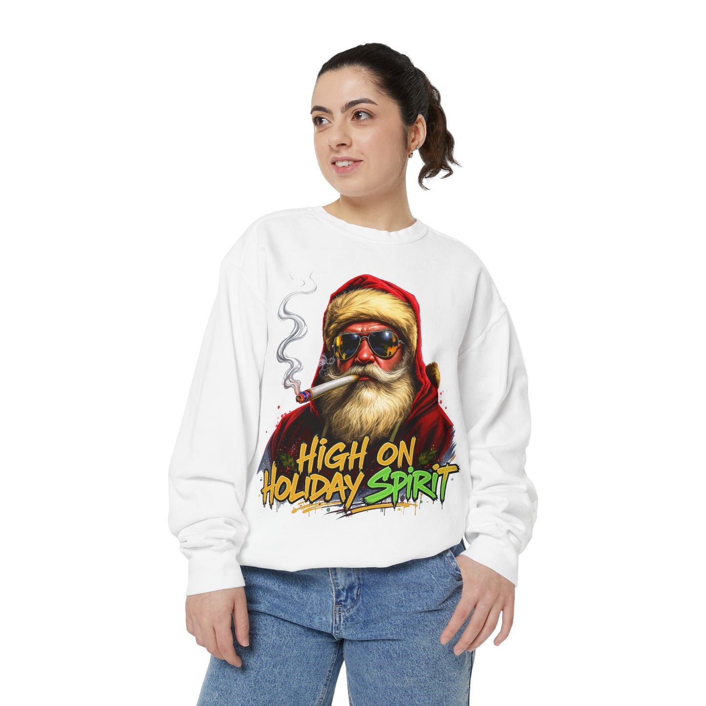 Holiday Santa Sweatshirt - High on Holiday Spirit - Graphic Christmas Crewneck