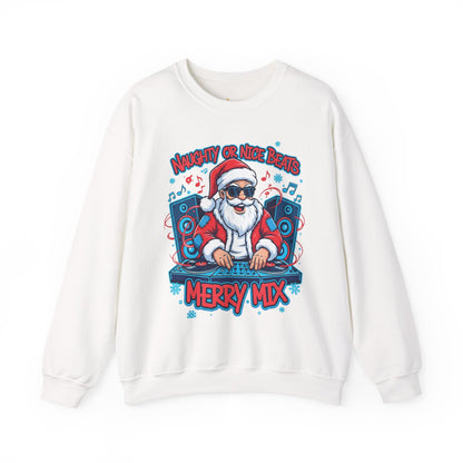 White sweatshirt with a graphic of Santa Claus DJing and text 'Naughty or Nice Beats Merry Mix' on a white background.