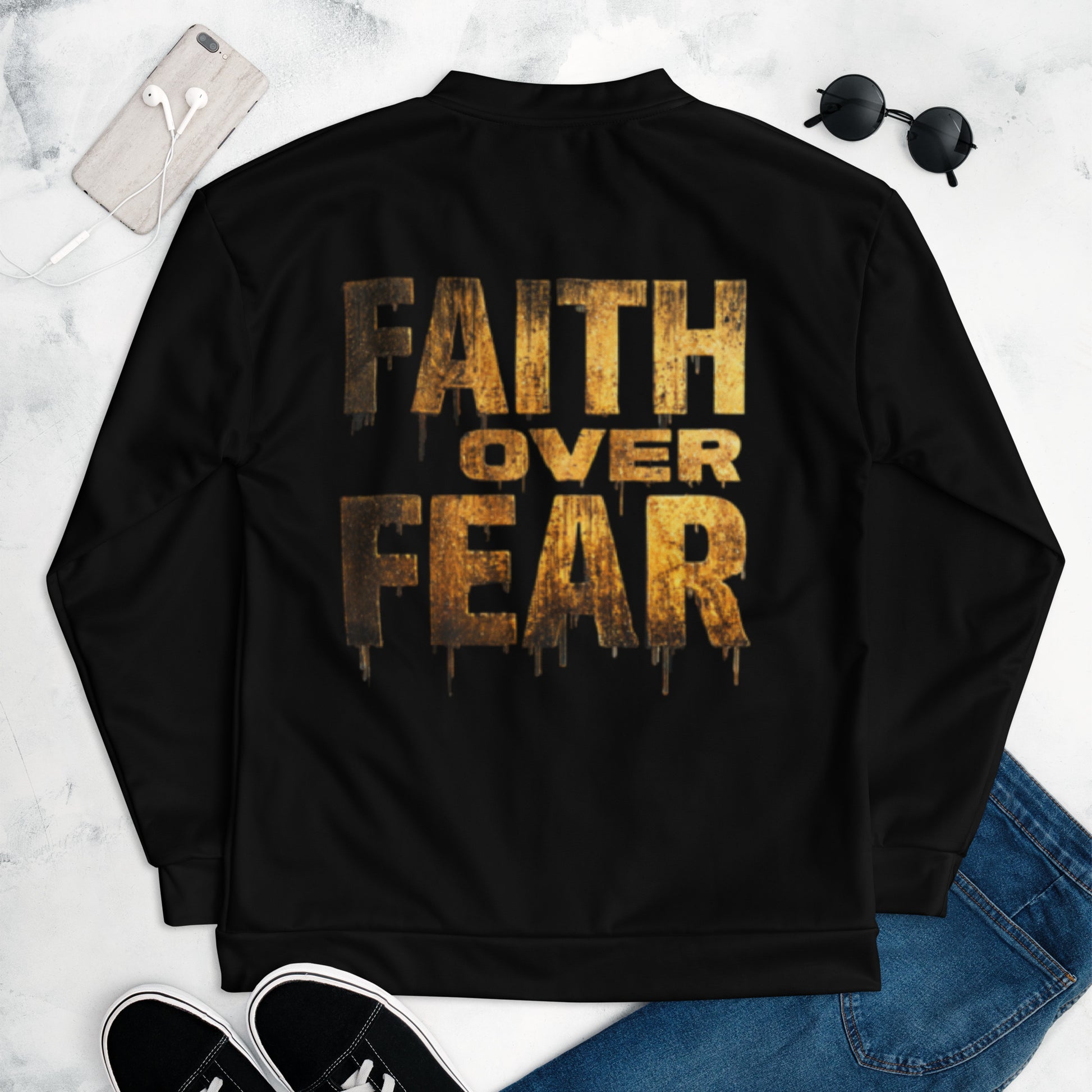 Faith Over Fear bomber jacket by Loom Noir – premium urban streetwear outerwear for bold believers