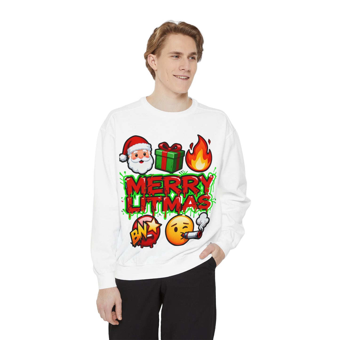 Person wearing a white sweatshirt with Christmas-themed graphics and text on a white background
