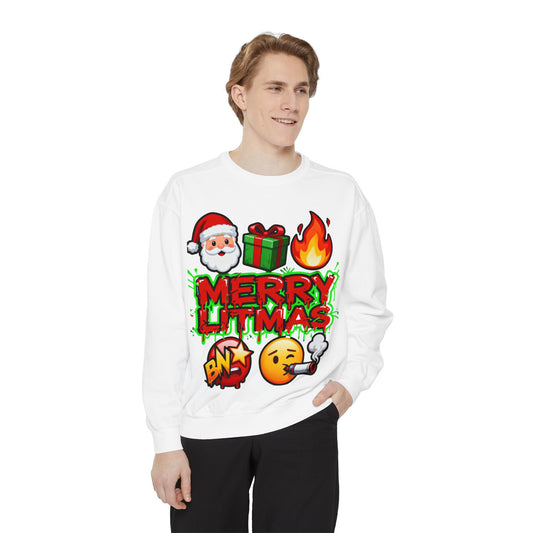 Person wearing a white sweatshirt with Christmas-themed graphics and text on a white background