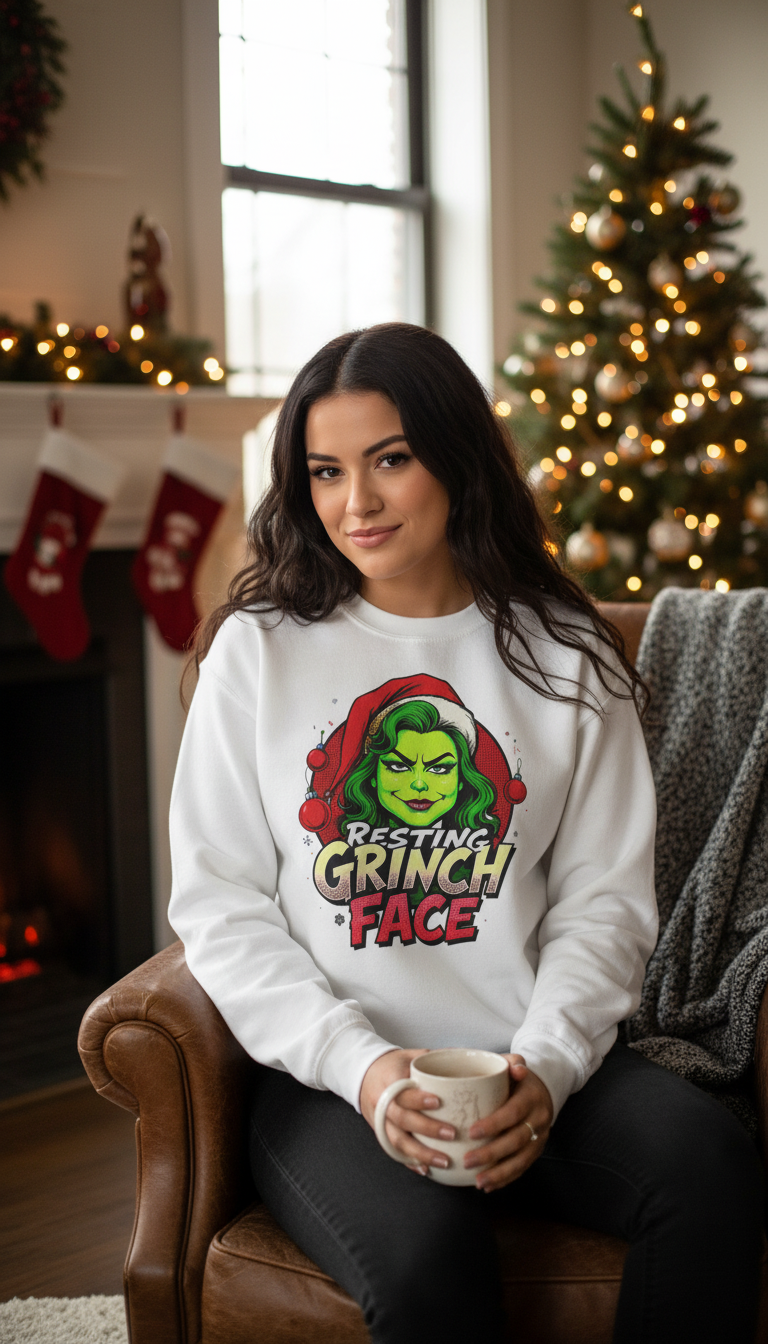 Funny Christmas Grinch Face Sweatshirt - Women's Crewneck | Loom Noir