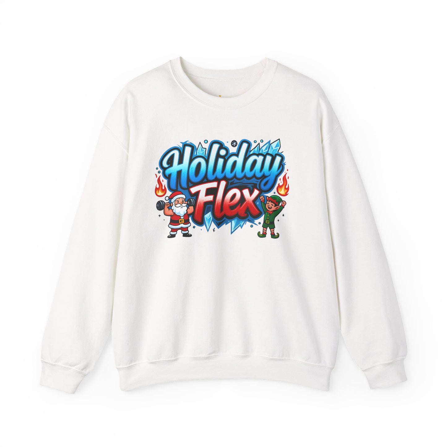 White sweatshirt with 'Holiday Flex' graphic design on a white background