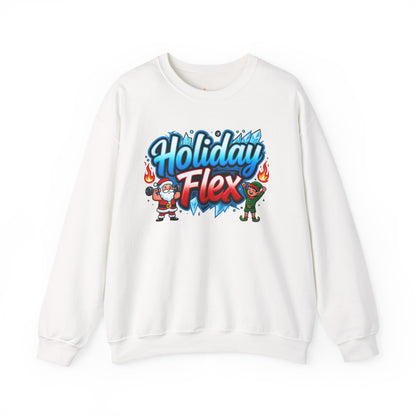 White sweatshirt with 'Holiday Flex' graphic design on a white background
