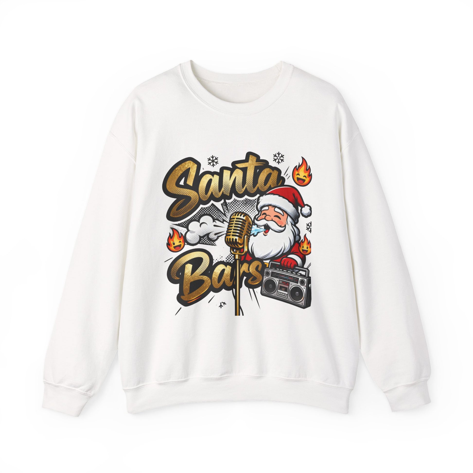 White sweatshirt with Santa Claus graphic and 'Santa Bars' text on a white background